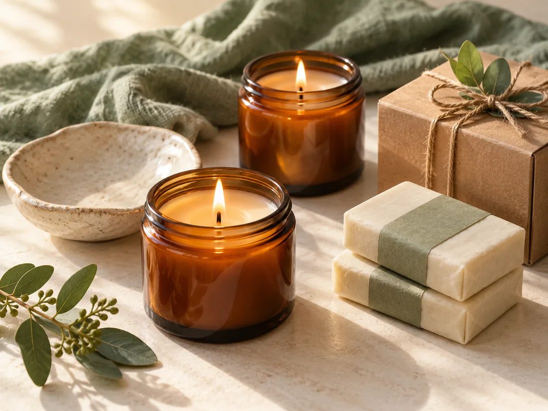 Hand-poured candles, handmade soap and a wrapped gift