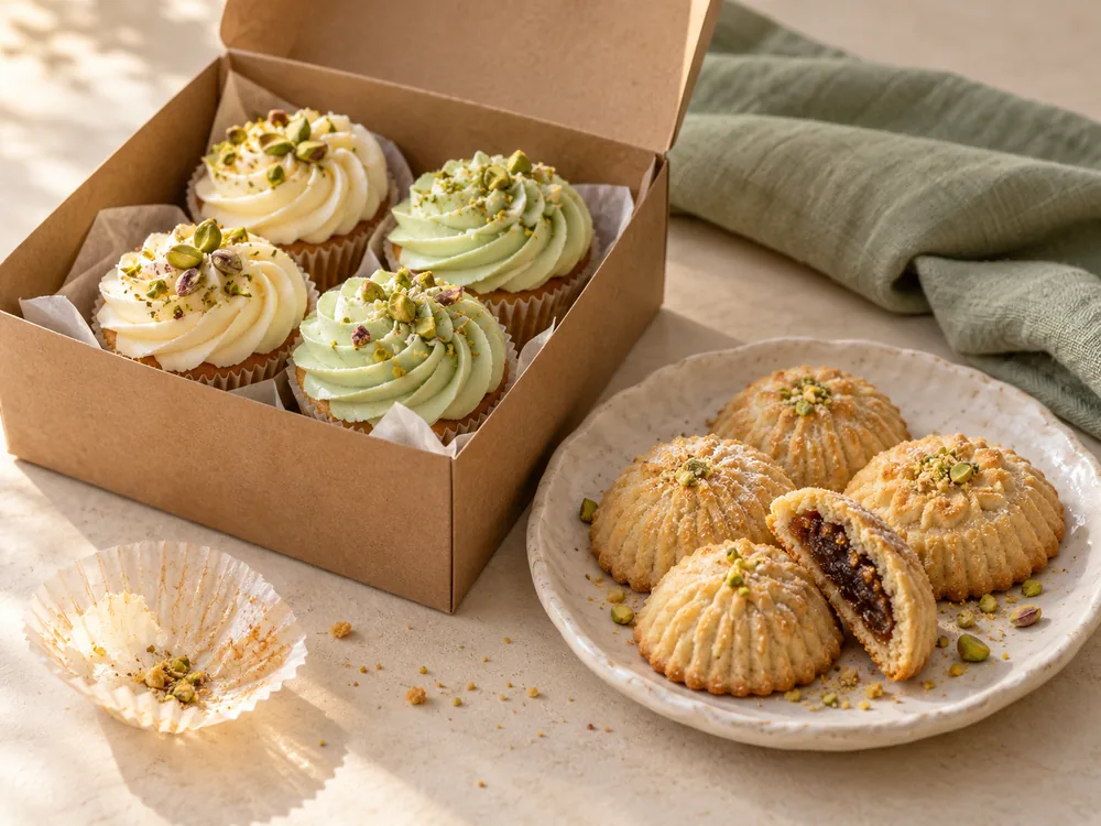 Homemade maamoul and cupcakes packed in a kraft bakery box